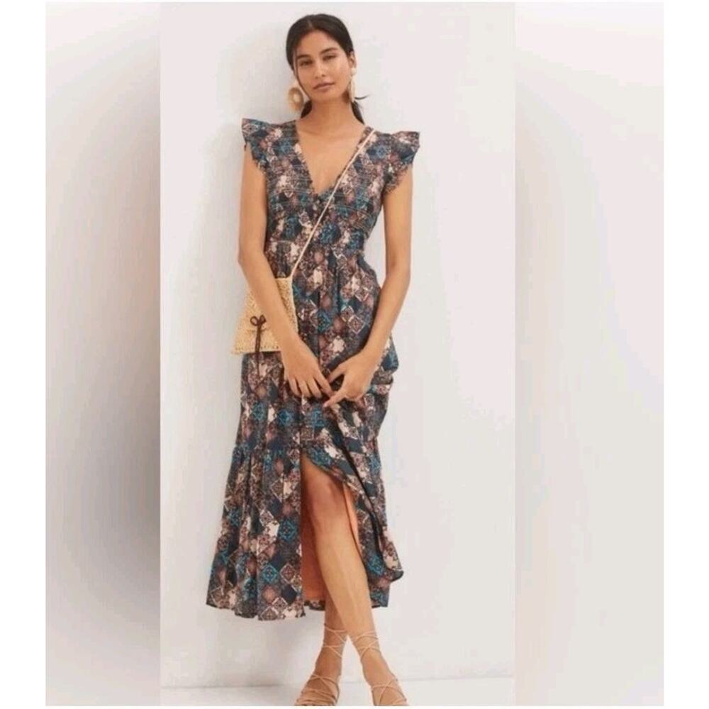 Anthropologie The Peregrine Midi Dress XL Floral Flutter Sleeve Boho Bohemian